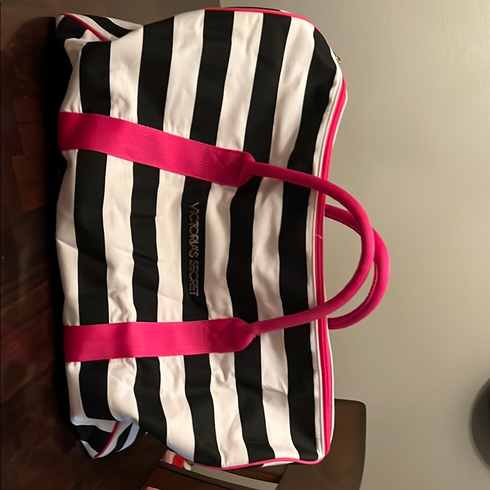Victoria's Secret Bold Striped Travel Bag with Pink Handles